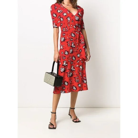Veronica Beard Joia Red Multi Floral Print V-Neck Midi Dress Women's Size 2 - Picture 1 of 12